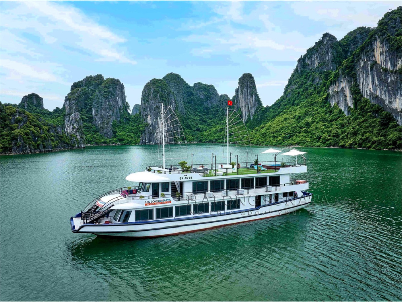 From Hanoi: Halong Bay Cruise One Day Tour by Sonata Cruise: Surprise Cave - Titop Island - Luon Cave with Buffet Lunch and Traditional Music.